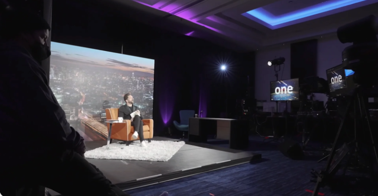 Corporate broadcast set with lighting and cameras