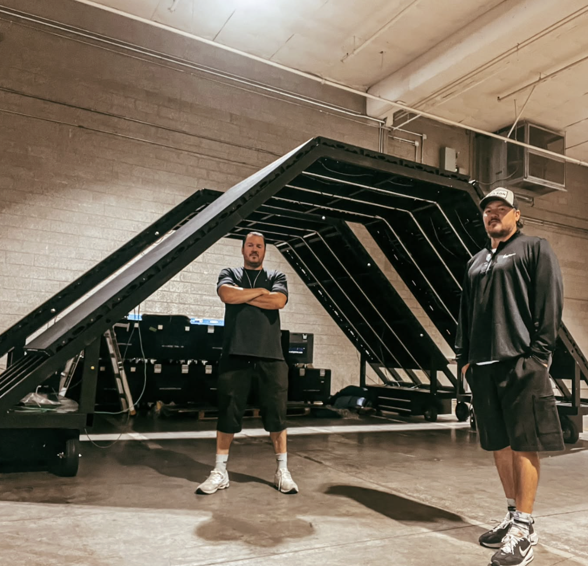 Production crew with custom stage rigging